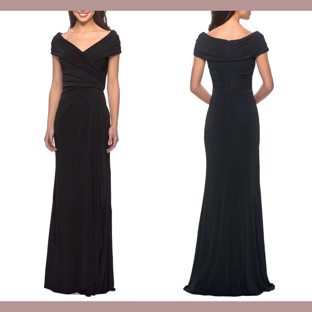 NWT $389 La Femme [ 6 ] 26519 V Neck Ruched Jersey Column Gown in Black‎ #Q868
